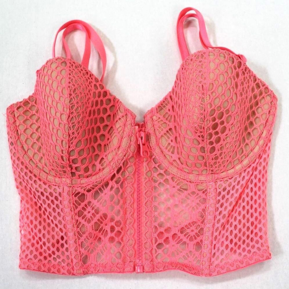Victoria's Secret Lace Fishnet Long Line Plunge Bra Bustier Zip Front Size 32D